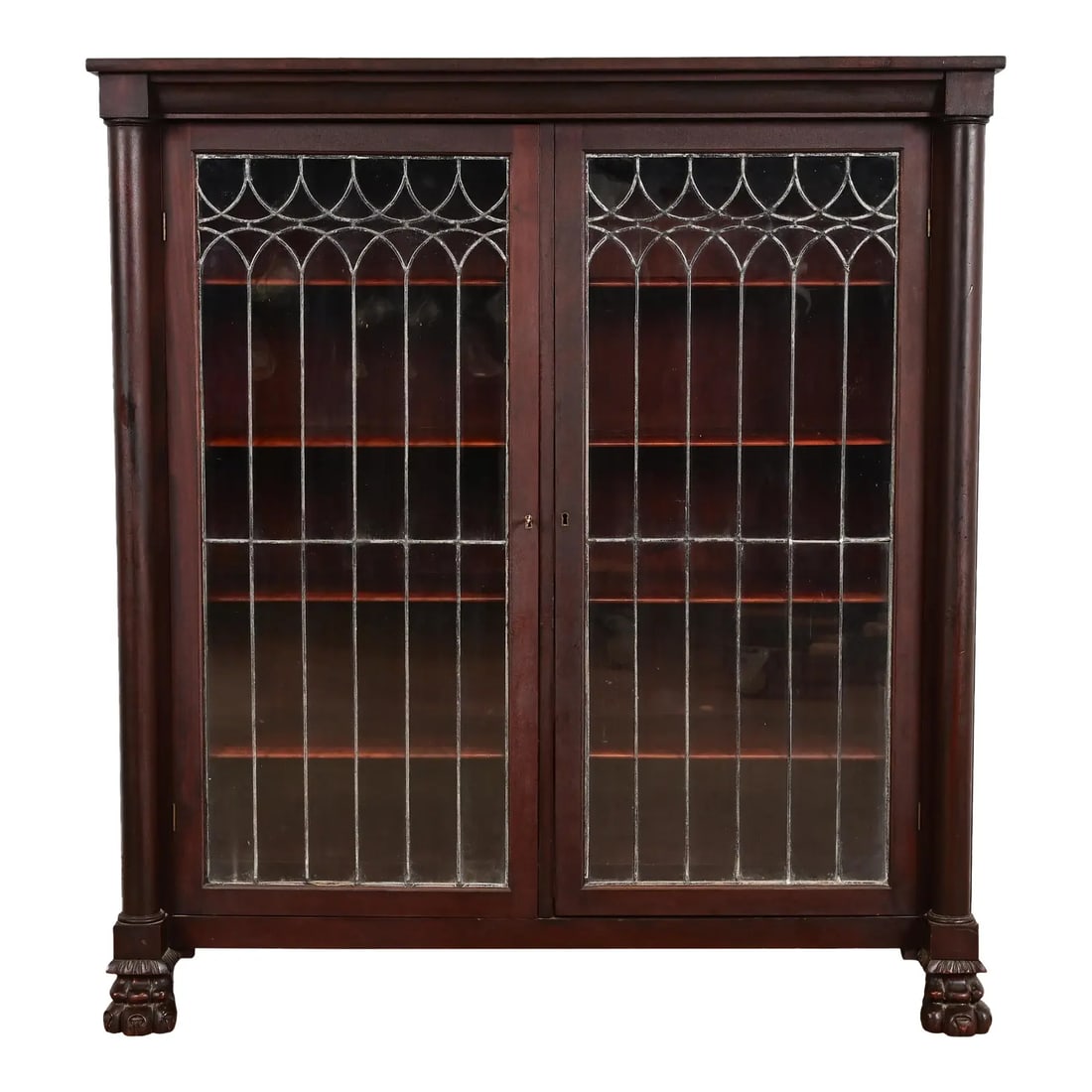 R. J. Horner Style Antique American Empire Carved Mahogany Leaded Glass Front Double Bookcase (1 of 11)