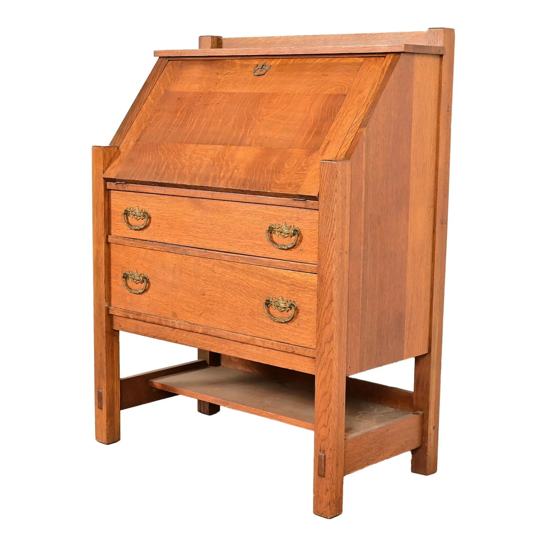 Lifetime Furniture Antique Mission Oak Arts & Crafts Drop Front Secretary Desk, Circa 1910: An exceptional antique Mission or Arts & Crafts period drop front secretary desk By Lifetime Furniture USA, Circa 1910 Gorgeous quarter sawn oak, with brass hardware. Measures: 34"W x 18"D x 45"H. Des