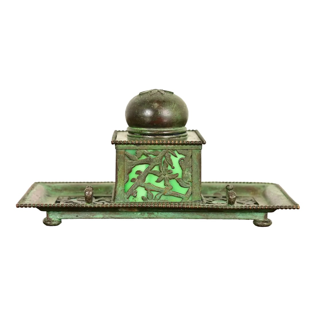 Apollo Studios New York Arts & Crafts Grapevine Pattern Bronze and Slag Glass Inkwell With Pen (1 of 14)