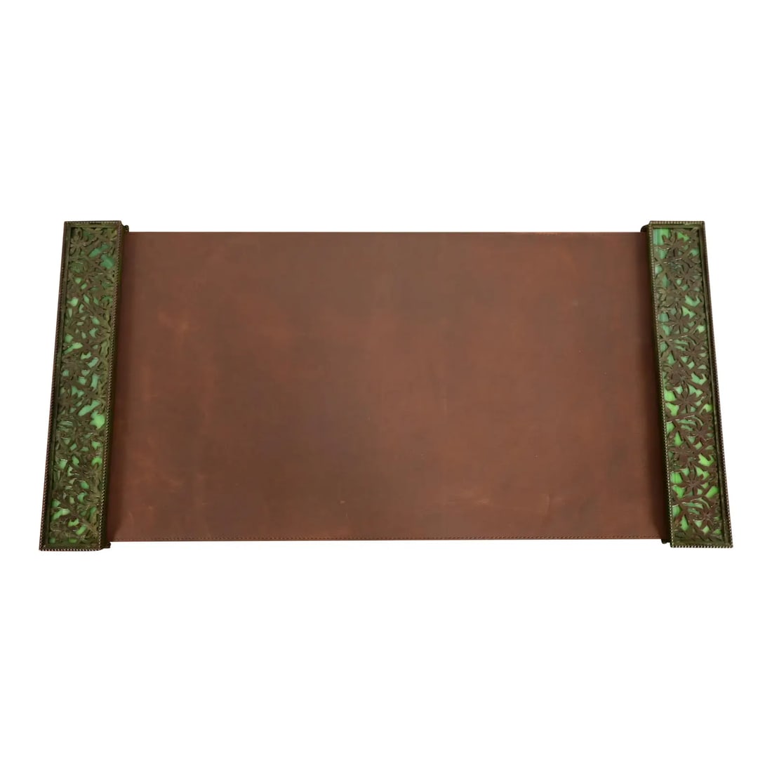 Apollo Studios New York Arts & Crafts Grapevine Pattern Bronze and Slag Glass Blotter Ends: A beautiful Arts & Crafts or Art Nouveau period "Grapevine" pattern bronze and slag glass blotter ends with verdigris green patina and a custom brown leather desk blotter In the manner of Tiffany Stud