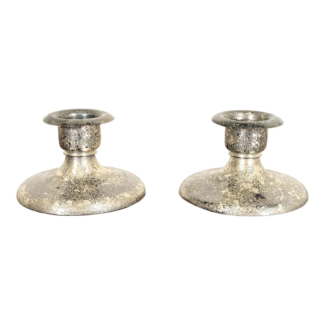 Roycroft Arts & Crafts Silver Finished Copper Candlesticks, Pair: A gorgeous pair of Arts & Crafts period acid silver finished copper candlesticks By Roycroft (signed with impressed orb and cross mark) USA, Early 20th Century Each measures: 5"W x 5"D x 3.25"H. Good 