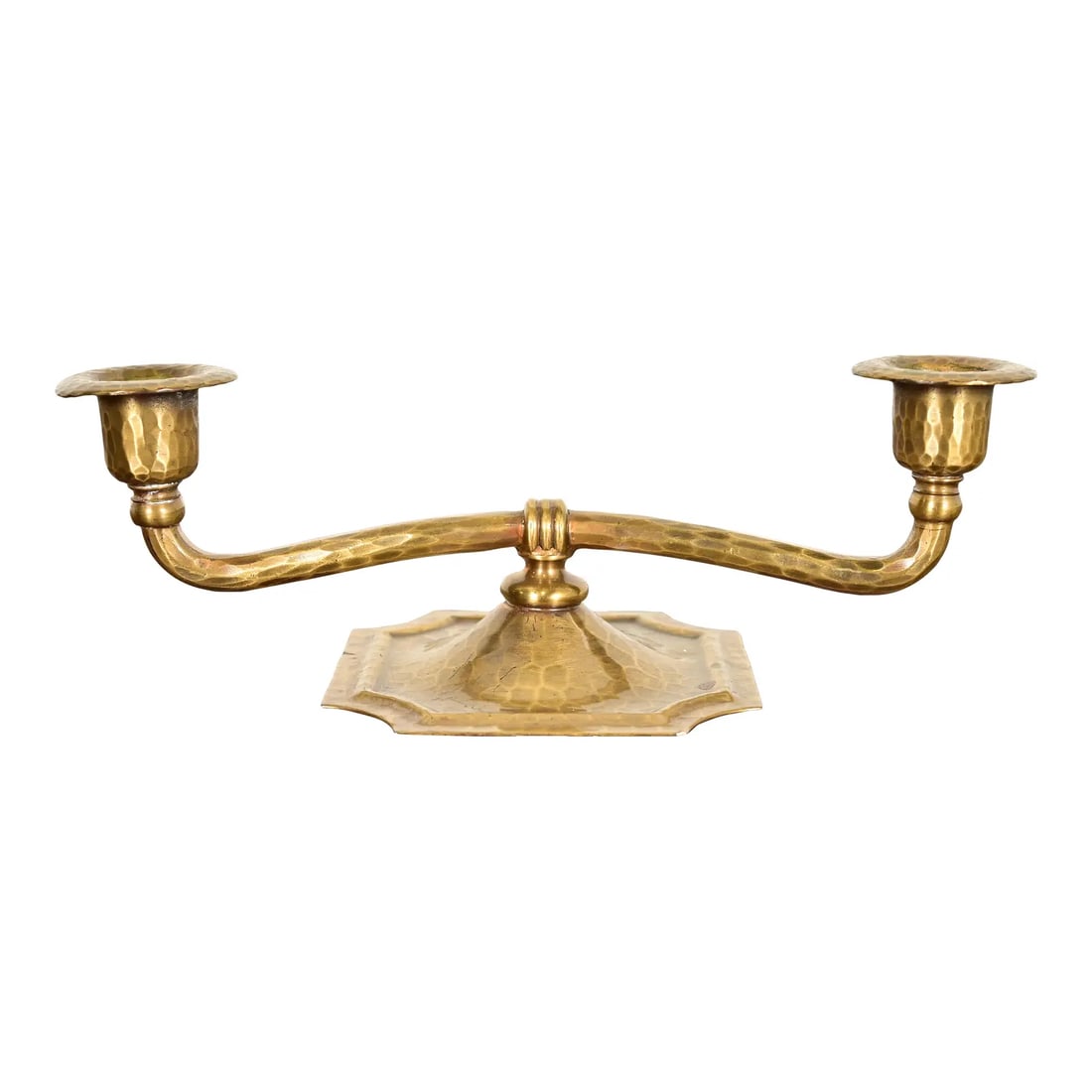 Roycroft Arts & Crafts Brass Finished Hammered Copper Candelabra: A gorgeous Arts & Crafts period brass finished hand hammered copper candelabra By Roycroft USA, Early 20th Century Measures: 9.25"W x 4"D x 3"H. Good original vintage condition, with beautiful patina.