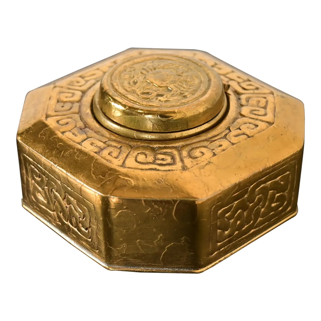 Tiffany Studios New York Zodiac Bronze Doré Inkwell: A gorgeous Arts & Crafts or Art Deco period "Zodiac" pattern gilt bronze inkwell By Tiffany Studios (signed to the underside) New York, USA, Early 20th Century Measures: 4"W x 4"D x 2"H. Good original