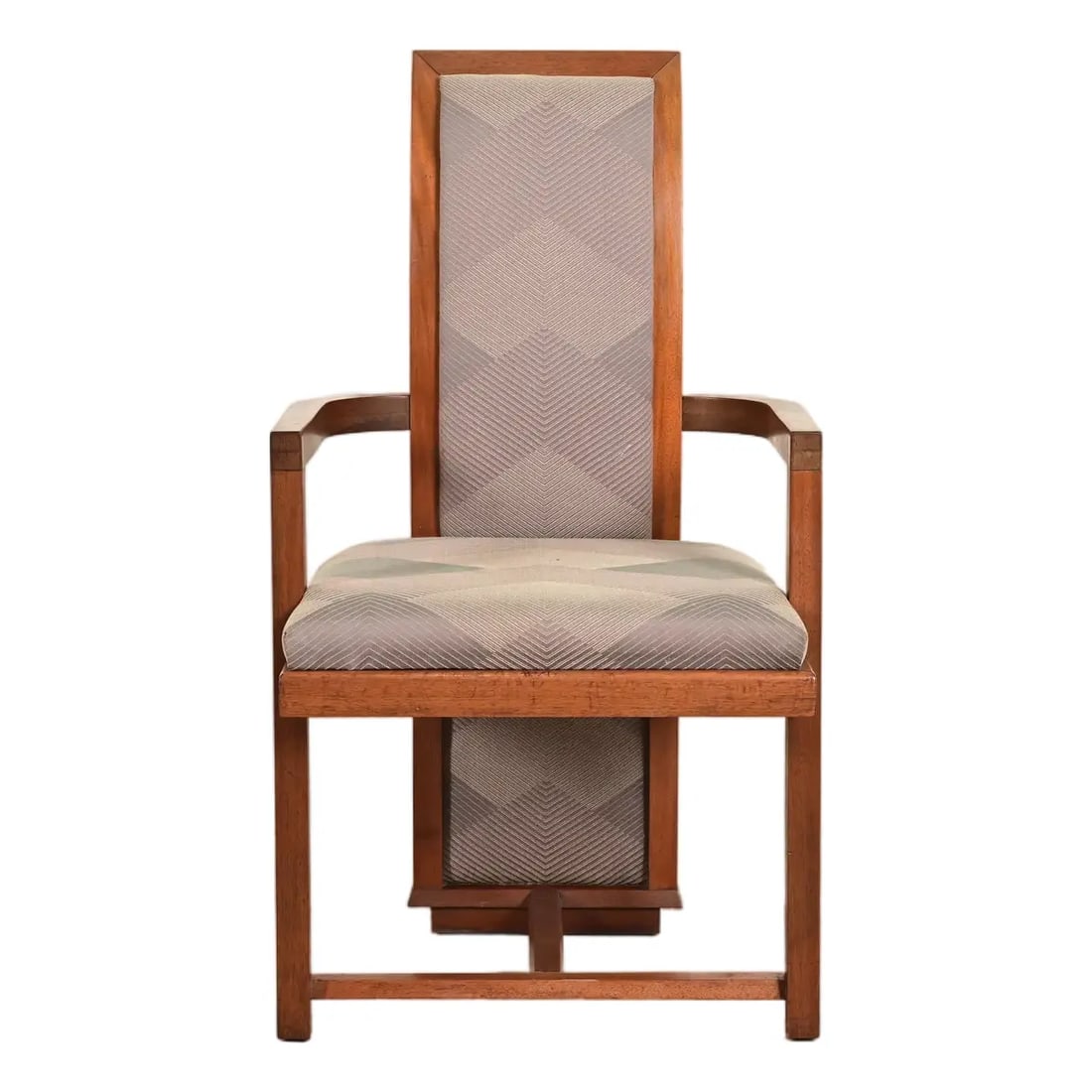 Frank Lloyd Wright for Heritage Henredon Taliesin High Back Armchair, 1950s: A rare and exceptional Mid-Century Modern or Arts & Crafts "Taliesin" armchair or dining captain chair By Frank Lloyd Wright for Heritage Henredon USA, 1950s Sculpted mahogany frame, with upholstered 
