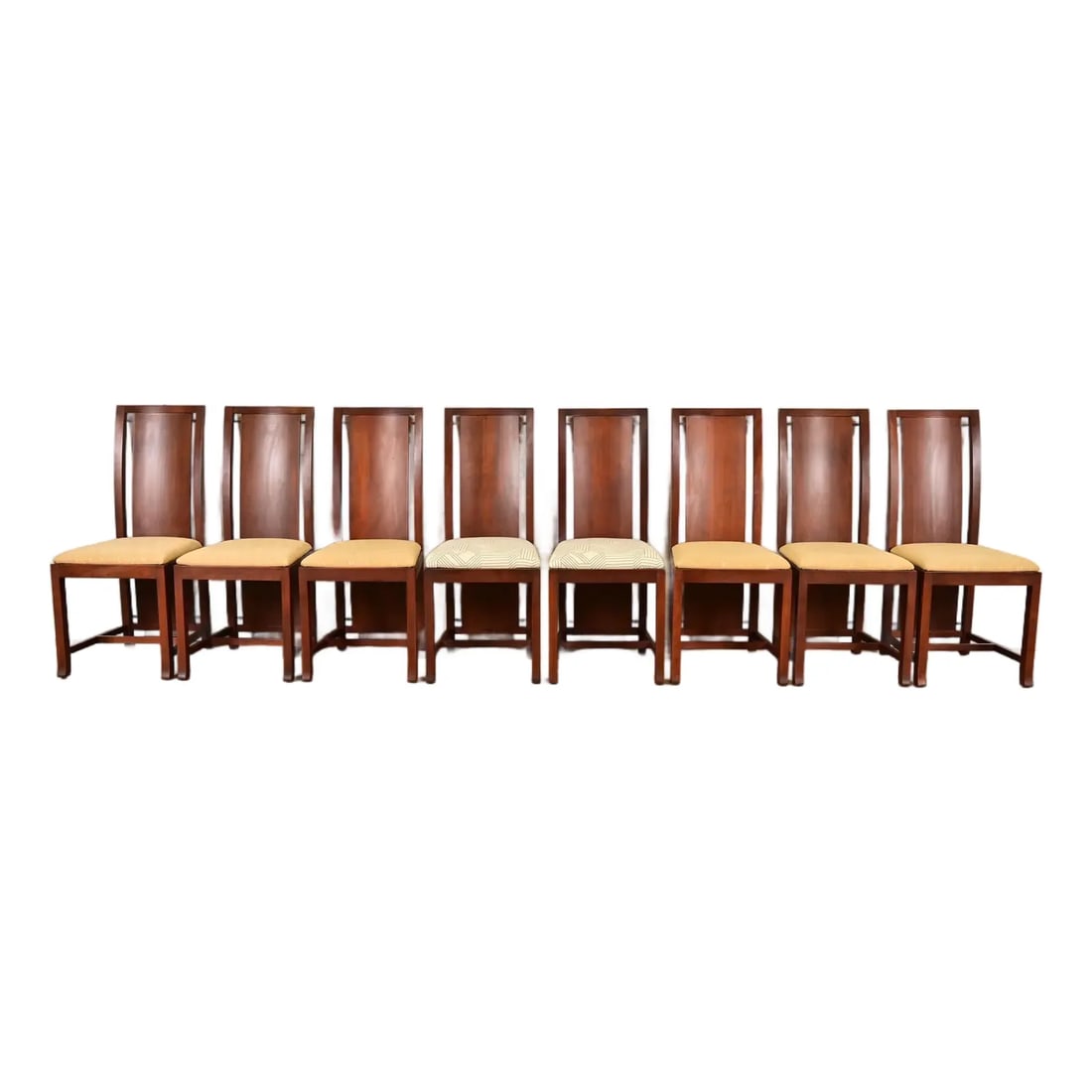 Frank Lloyd Wright Sculpted Mahogany High Back Dining Chairs, Set of Eight: An outstanding set of eight Mid-Century Modern or Arts & Crafts style high back side chairs or dining chairs Designed by Frank Lloyd Wright and produced by Copeland Furniture USA, Early 21st Century M