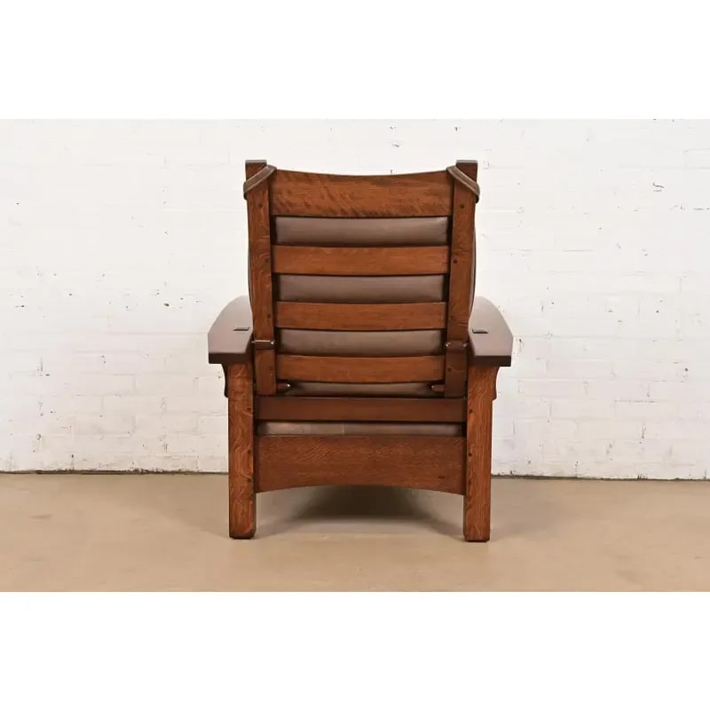 Gustav Stickley Mission Oak Arts & Crafts Bow Arm Reclining Morris Lounge Chair With Ottoman - 10