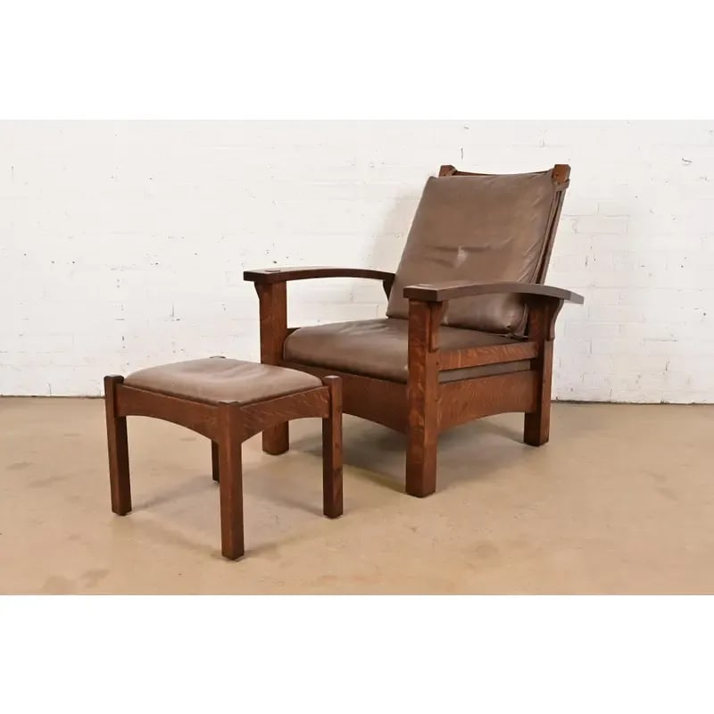 Gustav Stickley Mission Oak Arts & Crafts Bow Arm Reclining Morris Lounge Chair With Ottoman - 12
