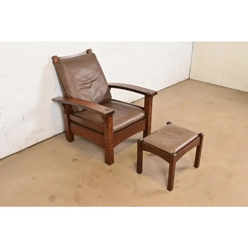 Gustav Stickley Mission Oak Arts & Crafts Bow Arm Reclining Morris Lounge Chair With Ottoman - 3