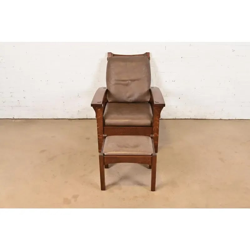 Gustav Stickley Mission Oak Arts & Crafts Bow Arm Reclining Morris Lounge Chair With Ottoman - 4