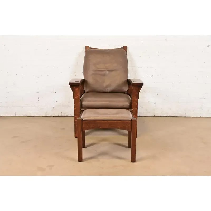 Gustav Stickley Mission Oak Arts & Crafts Bow Arm Reclining Morris Lounge Chair With Ottoman - 5