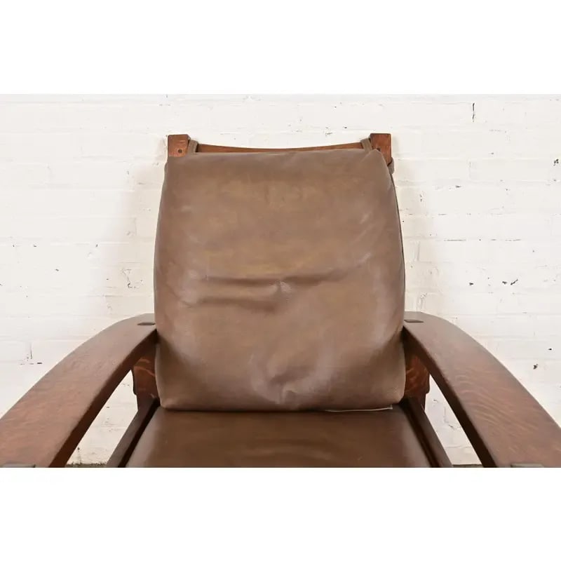 Gustav Stickley Mission Oak Arts & Crafts Bow Arm Reclining Morris Lounge Chair With Ottoman - 6