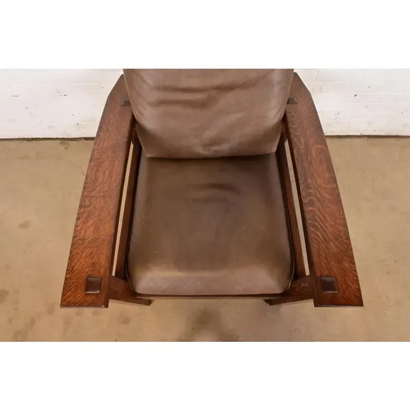 Gustav Stickley Mission Oak Arts & Crafts Bow Arm Reclining Morris Lounge Chair With Ottoman - 7