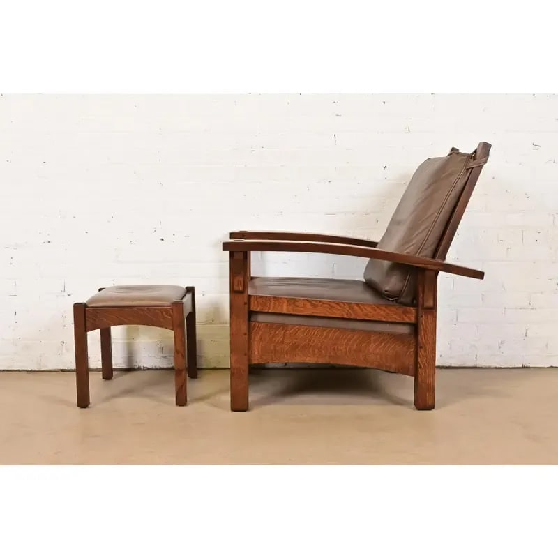 Gustav Stickley Mission Oak Arts & Crafts Bow Arm Reclining Morris Lounge Chair With Ottoman - 9