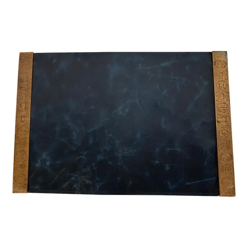 Tiffany Studios New York Zodiac Bronze Blotter Ends With Leather Desk Blotter: A gorgeous pair of Art Deco or Arts & Crafts period bronze blotter ends featuring symbols of the Zodiac, with a custom blue leather desk blotter. By Tiffany Studios (blotter ends signed to the undersi
