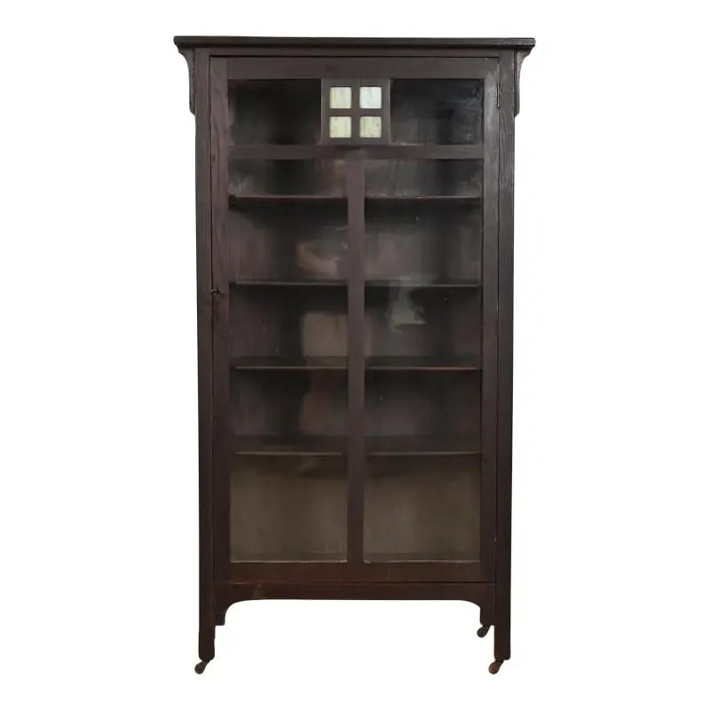 Stickley Brothers Style Antique Mission Oak Arts & Crafts Bookcase Cabinet With Stained Glass: A beautiful Mission or Arts & Crafts period bookcase or display cabinet In the manner of Stickley Brothers By New England Furniture Co. USA, Circa 1900 Gorgeous carved oak, with glass front and sides,