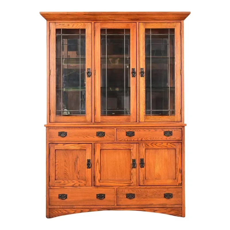 Thomasville Mission Oak Arts & Crafts Lighted Breakfront Bookcase or Display Cabinet (1 of 14)