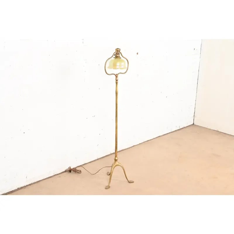 Tiffany Studios New York Gilt Bronze Harp Floor Lamp With Favrile Glass Shade - 4