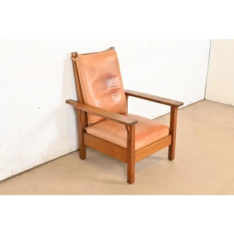 Gustav Stickley Antique Mission Oak Arts & Crafts Open Arm Reclining Morris Lounge Chair, Circa 1910 - 4