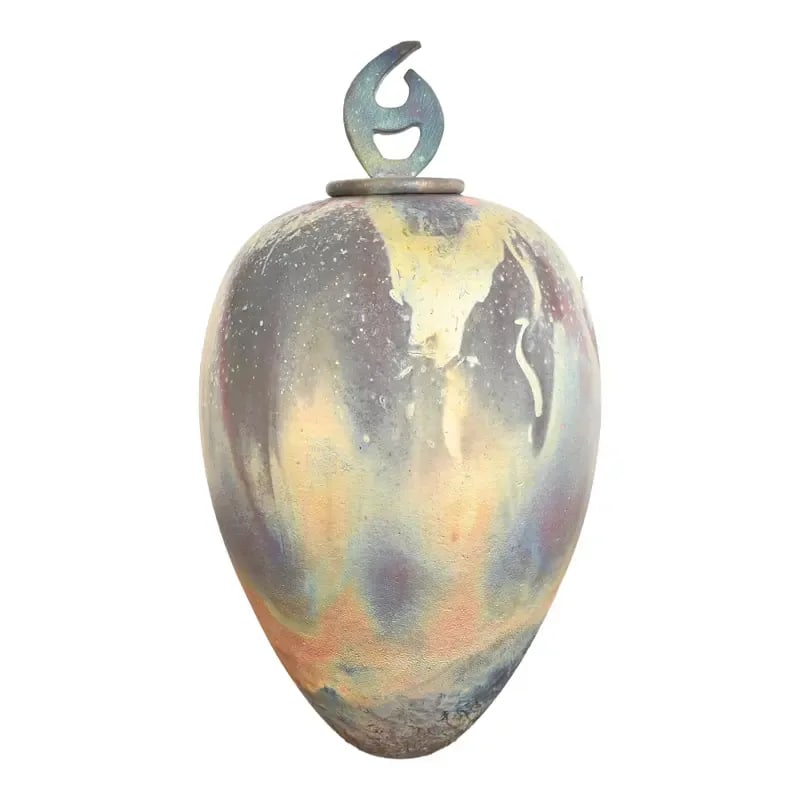 Japanese Raku Pottery Arts & Crafts Glazed Ceramic Art Pottery Lidded Vessel: A gorgeous Japanese Raku Arts & Crafts glazed ceramic art pottery vase or vessel with Japanese character finial lid Japan, Circa Mid-20th Century Measures: 8.25"W x 8.25"D x 14.75"H. Good original vin