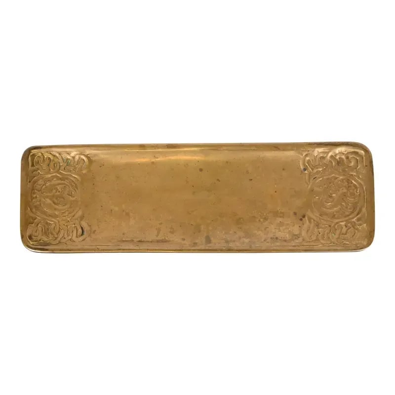 Tiffany Studios New York Zodiac Bronze Doré Pen Tray: A gorgeous antique Arts & Crafts gilt bronze pen tray featuring Zodiac designs By Tiffany Studios (signed to the underside) New York, USA, Early 20th Century Measures: 10"W x 3"D x 0.38"H Very good or