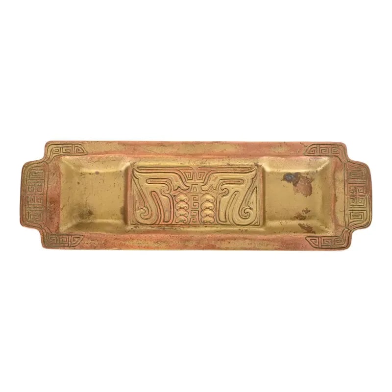Tiffany Studios New York Chinese Pattern Bronze Pen Tray: A gorgeous Art Deco or Arts & Crafts period gilt bronze pen tray in the "Chinese" pattern By Tiffany Studios (signed to the underside) New York, USA, Early 20th Century (Dated Jan. 1, 1916) Measures: 