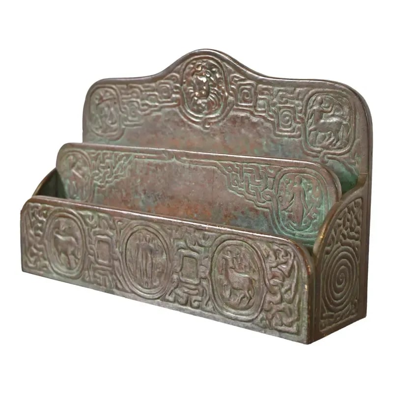 Tiffany Studios New York Zodiac Pattern Bronze Letter Rack: A gorgeous antique Arts & Crafts or Art Deco period bronze "Zodiac" pattern desk letter holder rack By Tiffany Studios (signed to the underside) New York, USA, Early 20th Century Measures: 9.75"W x 2.
