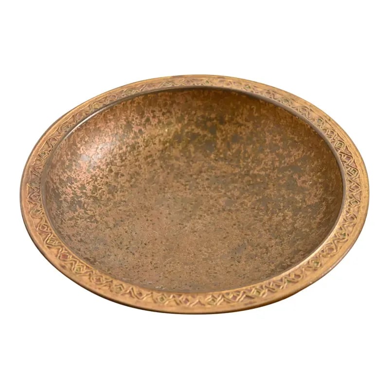 Louis Comfort Tiffany Furnaces Favrile Bronze Doré and Enamel Bowl: A gorgeous Arts & Crafts or Art Deco period bronze bowl with enameled jewel decoration By Louis Comfort Tiffany Furnaces Inc. (signed to the underside) New York, USA, 1920s Measures: 4.63"W x 4.63"D x