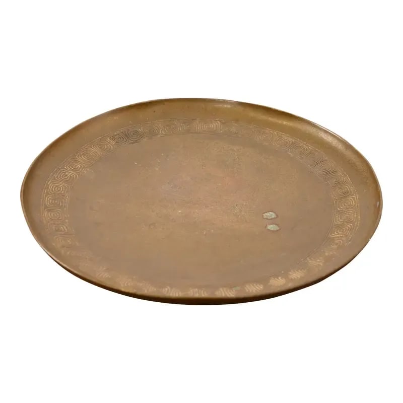 Tiffany Studios New York Bronze Plate With Greek Key Design: A gorgeous Arts & Crafts or Art Deco period bronze charger plate or serving tray with Greek Key design By Tiffany Studios (signed to the underside) New York, USA, Early 20th Century Measures: 8"W x 8"