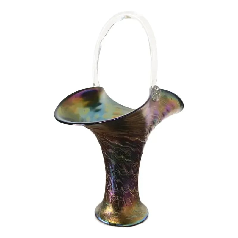 Wilhelm Kralik Sohn Art Nouveau Iridescent Art Glass Large Basket or Vase, Circa 1900 (1 of 12)
