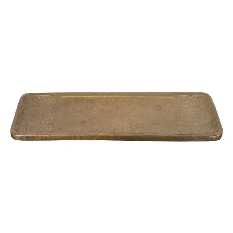 Tiffany Studios New York Zodiac Bronze Pen Tray: A gorgeous antique bronze pen tray featuring Zodiac designs By Tiffany Studios (signed to the underside) New York, USA, Early 20th Century Measures: 9.88"W x 3.13"D x 0.38"H Good original vintage cond