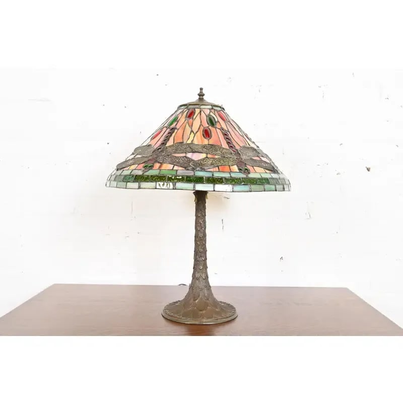 Tiffany Studios Style Arts & Crafts Bronze Table Lamp With Dragonfly Shade - 9