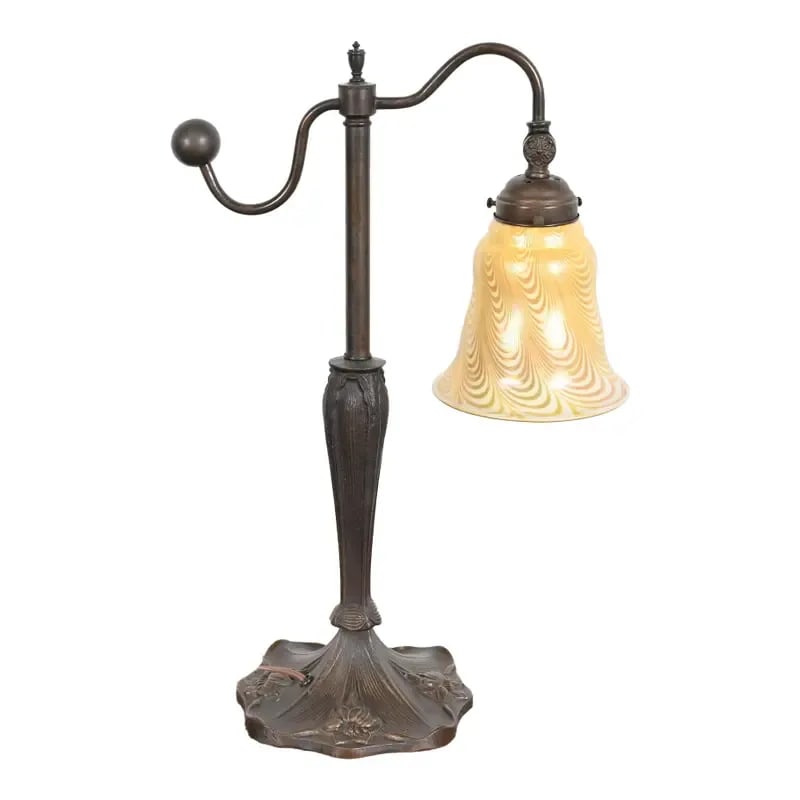 Tiffany Studios Style Art Nouveau Bronze Counterbalance Desk Lamp: A gorgeous Art Nouveau or Arts & Crafts desk lamp or table lamp In the manner of Tiffany Studios USA, Circa Mid-20th Century Bronze base, with gorgeous Louis Comfort Tiffany style iridescent art glass