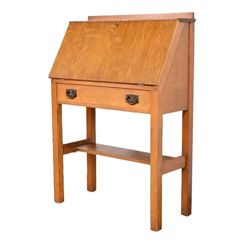 Gustav Stickley Antique Mission Oak Arts & Crafts Drop Front Secretary Desk, Circa 1900: A rare and exceptional antique Mission or Arts & Crafts drop front secretary desk By Gustav Stickley USA, Circa 1900 Quarter sawn oak, with original hammered copper hardware. Measures: 30.25"W x 13.63