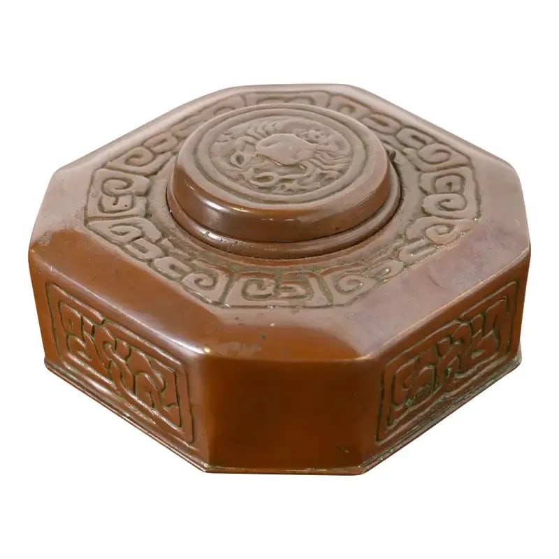 Tiffany Studios New York Zodiac Bronze Inkwell: A gorgeous Arts & Crafts period "Zodiac" pattern bronze inkwell By Tiffany Studios (signed to the underside) New York, USA, Early 20th Century Measures: 4.13"W x 4.13"D x 2"H. Good original vintage co