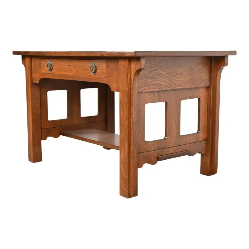 Lifetime Furniture Antique Mission Oak Arts & Crafts Desk or Library Table, Newly Refinished: A gorgeous antique Mission or Arts & Crafts writing desk or library table By Lifetime Furniture USA, Circa 1900 Beautiful quarter sawn oak, with original hammered copper hardware Measures: 48.25"W x 3