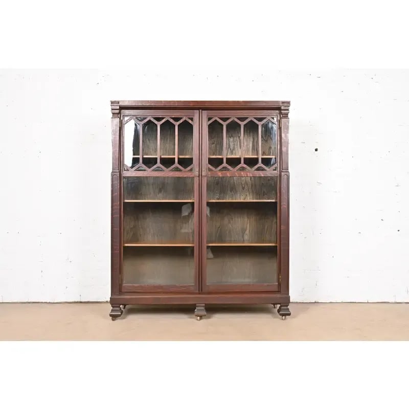 Antique Arts & Crafts Carved Oak Glass Front Double Bookcase, Circa 1900 - 2