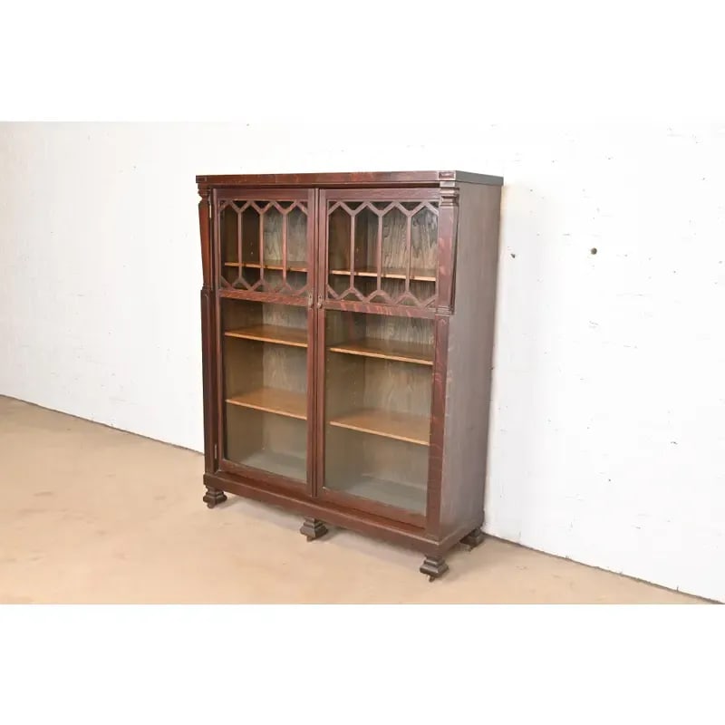 Antique Arts & Crafts Carved Oak Glass Front Double Bookcase, Circa 1900 - 3