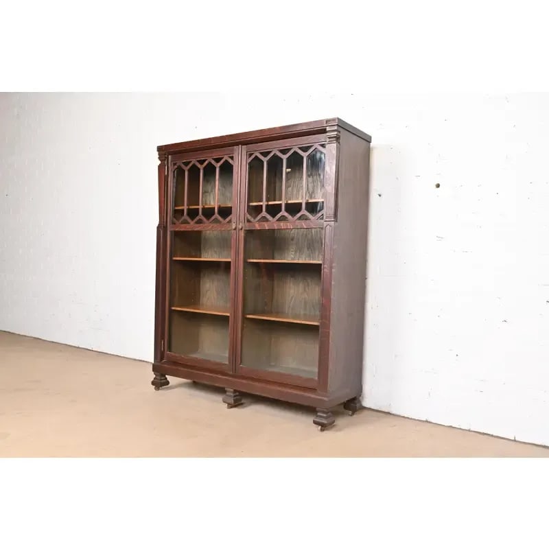 Antique Arts & Crafts Carved Oak Glass Front Double Bookcase, Circa 1900 - 4