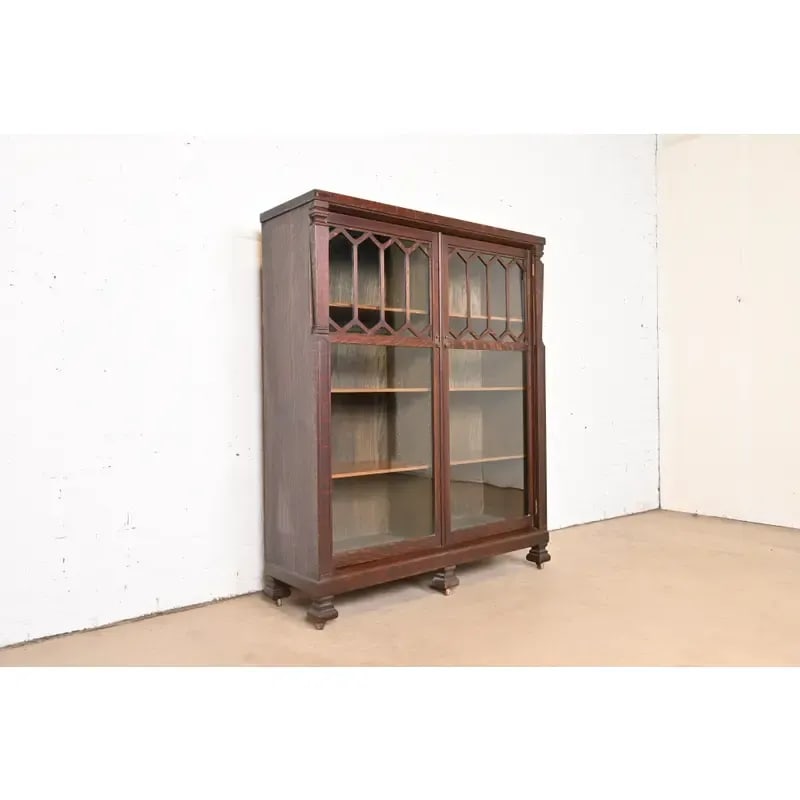 Antique Arts & Crafts Carved Oak Glass Front Double Bookcase, Circa 1900 - 5