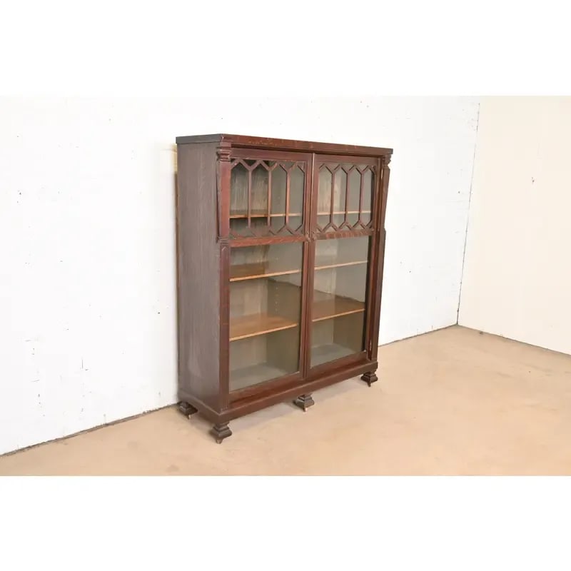 Antique Arts & Crafts Carved Oak Glass Front Double Bookcase, Circa 1900 - 6
