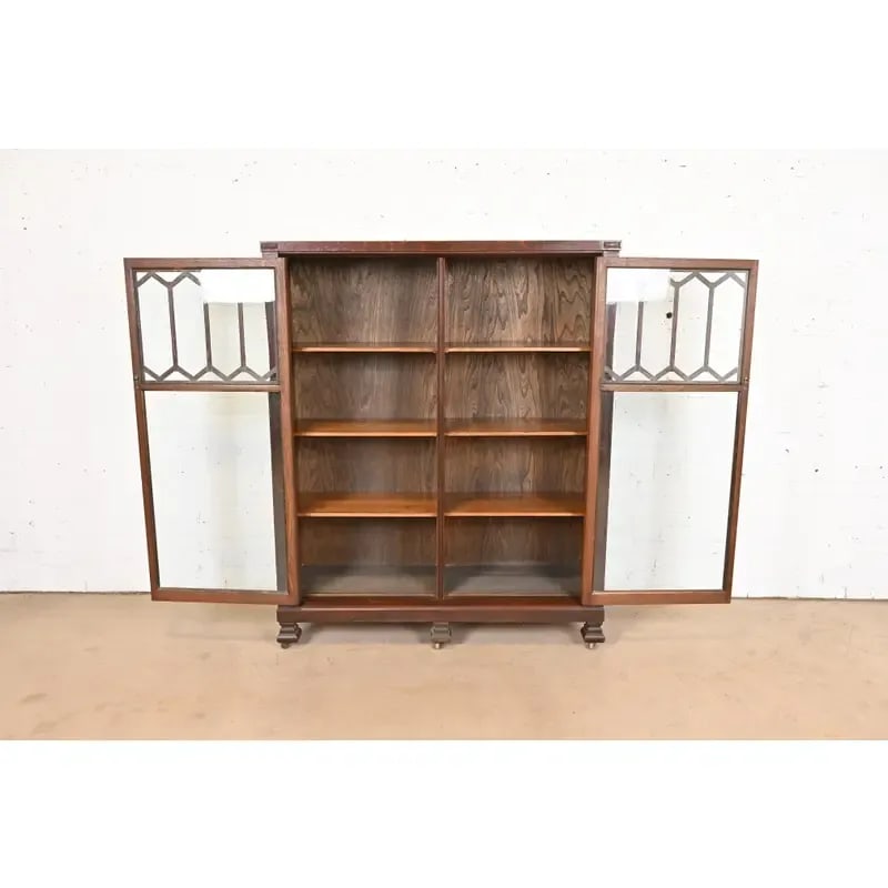 Antique Arts & Crafts Carved Oak Glass Front Double Bookcase, Circa 1900 - 7