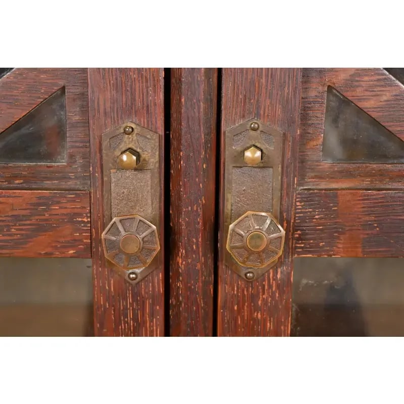 Antique Arts & Crafts Carved Oak Glass Front Double Bookcase, Circa 1900 - 8
