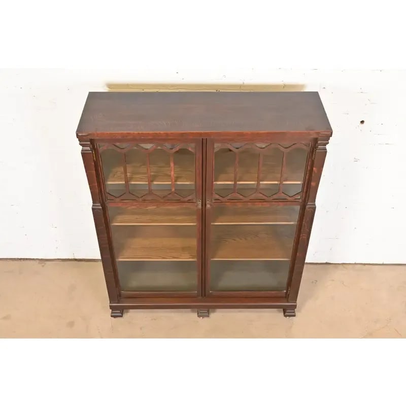 Antique Arts & Crafts Carved Oak Glass Front Double Bookcase, Circa 1900 - 9
