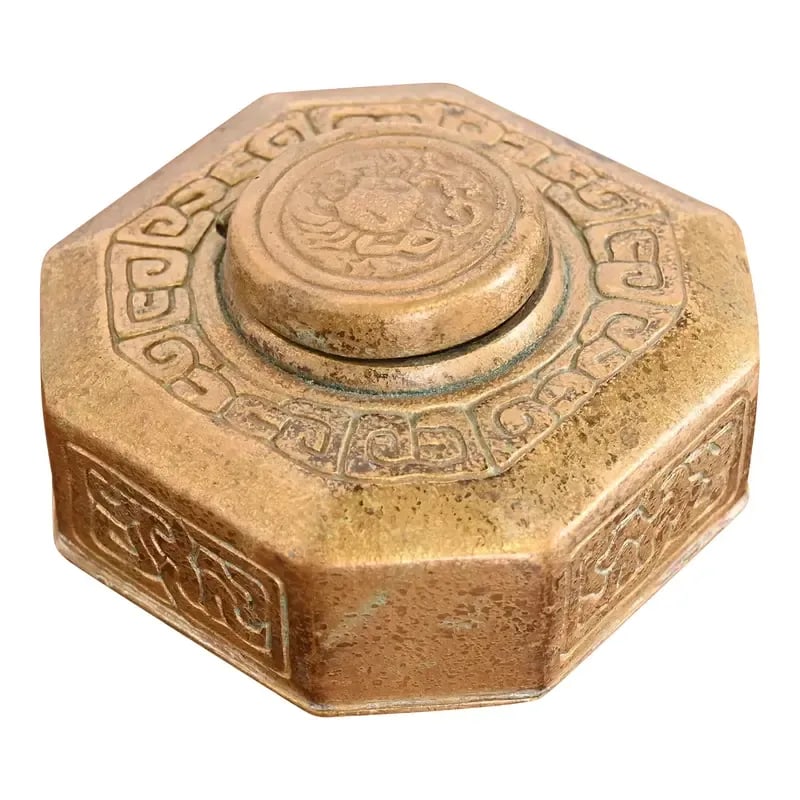 Tiffany Studios New York Zodiac Bronze Doré Inkwell: A gorgeous antique gilt bronze inkwell featuring Zodiac designs By Tiffany Studios (signed to the underside) New York, USA, Early 20th Century Measures: 4.25"W x 4.25"D x 2.25"H. Good original vintage