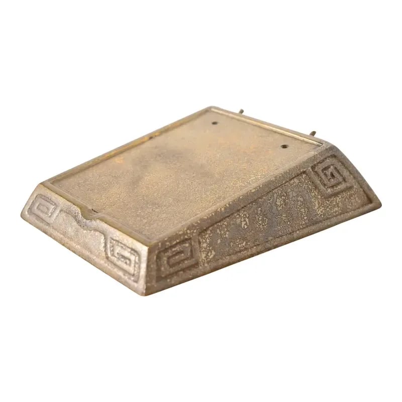 Tiffany Studios New York Greek Key Bronze Doré Desk Calendar or Stationary Holder: A gorgeous antique gilt bronze desk calendar holder or stationary holder featuring Greek key designs By Tiffany Studios (signed to the underside) New York, USA, Early 20th Century Measures: 4.75"W x 5