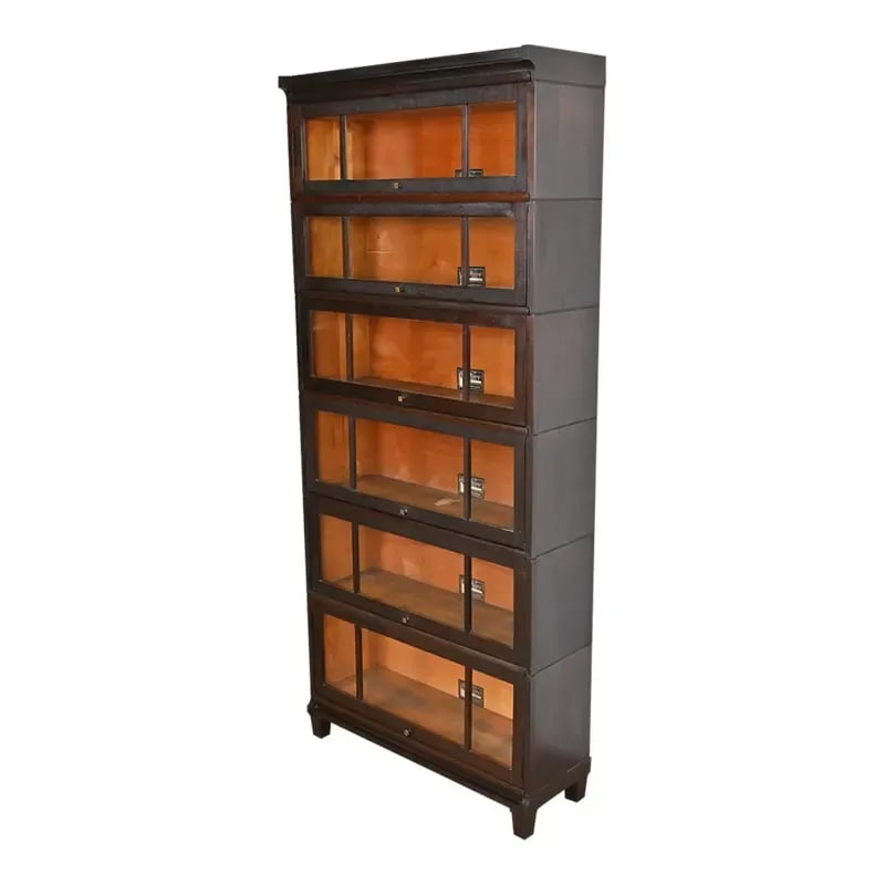 Antique Arts & Crafts Mahogany Viking Six-Stack Barrister Bookcase, Circa 1900: A gorgeous antique Mission or Arts & Crafts six-stack "Viking" barrister bookcase By Skandia Furniture Co. USA, Circa 1900 Mahogany, with mullioned glass front doors and brass hardware. Measures: 34.2