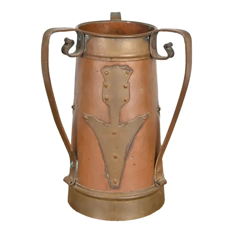 Antique Stickley Brothers Arts & Crafts Three-Handled Large Copper Vase: A gorgeous Arts & Crafts period Russian three-handled hammered copper and brass large vase with applied stylized flowers Imported and retailed by Stickley Brothers Circa 1903 Measures: 9"W x 9"D x 12.