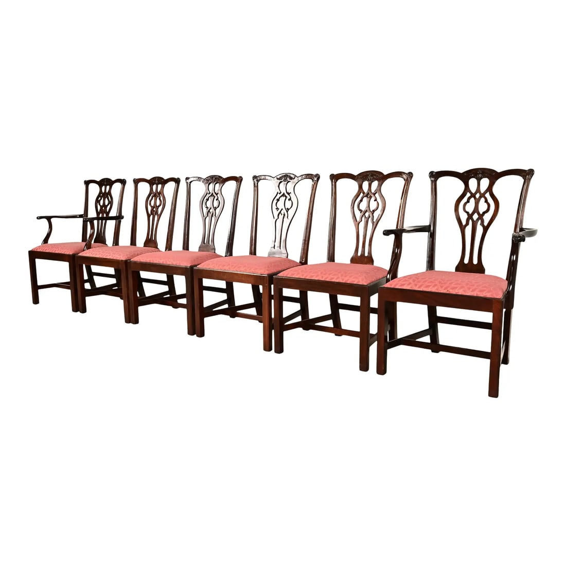 Stickley Georgian Carved Mahogany Dining Chairs, Set of Six: A gorgeous set of six Georgian or Chippendale style dining chairs By Stickley USA, Late 20th Century Carved mahogany frames, with upholstered seats. Measures: Side Chairs - 22.5"W x 23.25"D x 39"H. Se