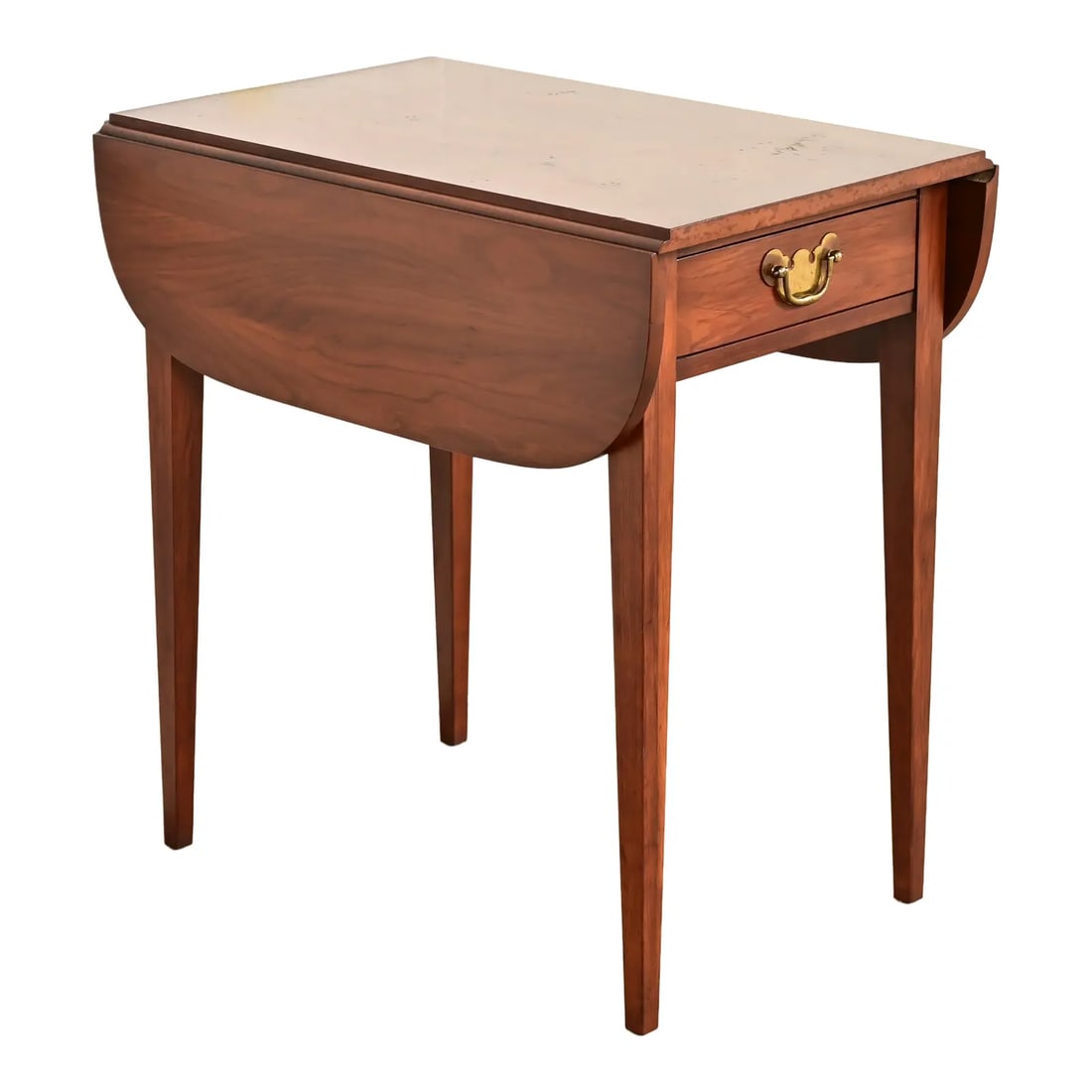 Henkel Harris Georgian Solid Cherry Wood Drop Leaf Pembroke Side Table: A gorgeous Georgian or Regency style Pembroke nightstand, tea table, or side table By Henkel Harris USA, Circa 1980s Solid cherry wood, with original brass hardware. Measures: 15.25"W x 23"D x 24.25"H