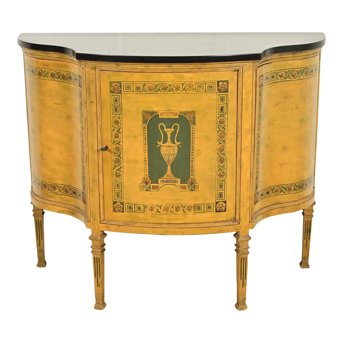 Italian Neoclassical Paint Decorated Demilune Console or Bar Cabinet: A gorgeous Italian Neoclassical or Louis XVI style demilune console or bar cabinet Italy, Circa Mid-20th Century Paint decorated wood case, with ebonized top. Measures: 43.25"W x 18.25"D x 36.25"H. Ve